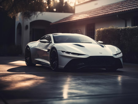 A sleek and stylish luxury sports car parked in an opulent driveway created with Generative AIの素材