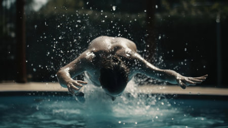 A slow-motion shot of a person diving into a pool created with Generative AIの素材
