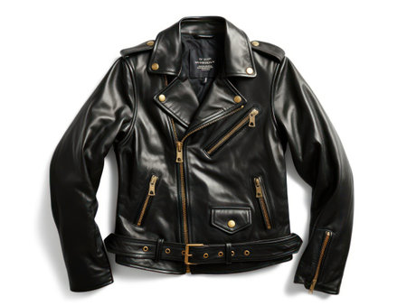 A sleek black leather jacket with gold hardware created with Generative AIの素材