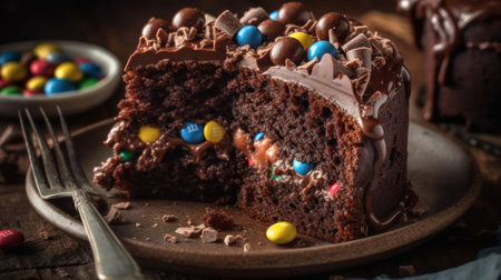 A slice of chocolate cake with icing and toppings created with Generative AIの素材