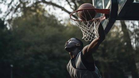 A slow-motion shot of a basketball player making a slam dunk created with Generative AIの素材