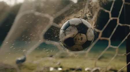 A slow-motion shot of a soccer ball being kicked into the net created with Generative AIの素材