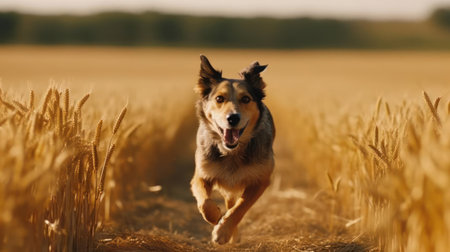 A slow-motion shot of a dog running through a field created with Generative AIの素材