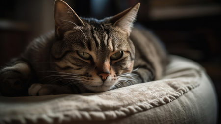 A sleepy tabby cat curled up on a cushion created with Generative AIの素材