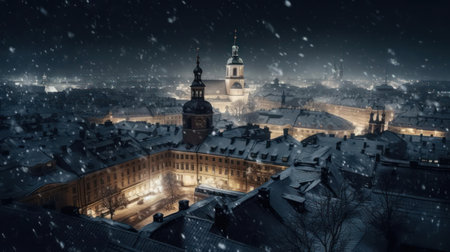 A snow-covered city at night with lights shining through the snowflakes created with Generative AIの素材