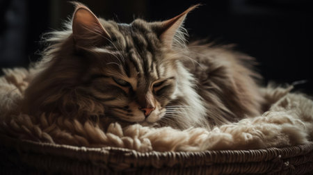 A soft fluffy cat curled up asleep in a cozy bed created with Generative AIの素材