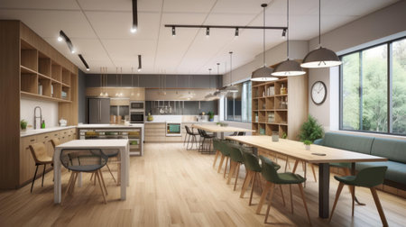 A spacious collaboration space with a variety of workstations and a kitchenette for breaks created with Generative AIの素材