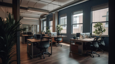 A spacious coworking space with a mix of private and communal workstations and a break room created with Generative AIの素材