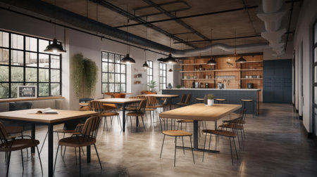 A spacious coworking space with a mix of private and communal workstations and a break room created with Generative AIの素材