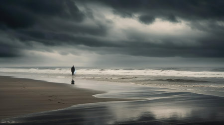 A solitary figure stands on a deserted beach gazing out into the endless ocean waves crashing onto the shore The gray sky overhead reflects the solitude and introspection of the figure with the sound of the waves providing a calming and soothing backdrop The sand beneath the figure's feet is a deep brown color with seashells scattered across it providing a striking contrast to the endless blue of the sky and ocean created with Generative AIの素材