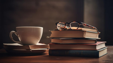 A stack of books with a cup of tea and reading glasses created with Generative AIの素材