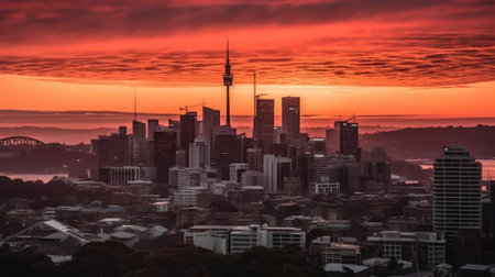 A stunning view of a city skyline at sunrise with brilliant pinks and oranges in the sky created with Generative AIの素材