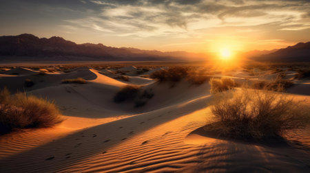 A stunning sunset over a desert landscape with sand dunes and rugged mountains created with Generative AIの素材