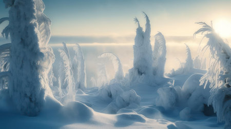 A stunning winter landscape with ice formations snowdrifts and snow-covered trees created with Generative AIの素材