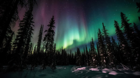 A stunning aurora borealis or northern lights with green purple and blue hues created with Generative AIの素材