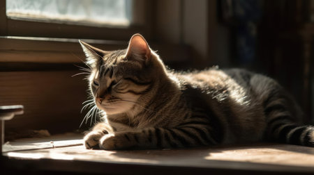 A Tabby cat taking a nap on a sunny windowsill created with Generative AIの素材