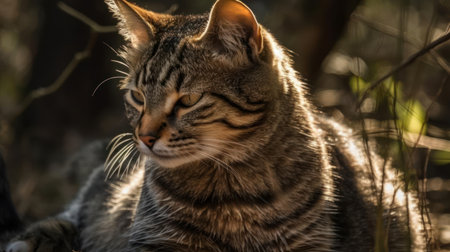 A tabby cat grooming itself in the sunlight created with Generative AIの素材
