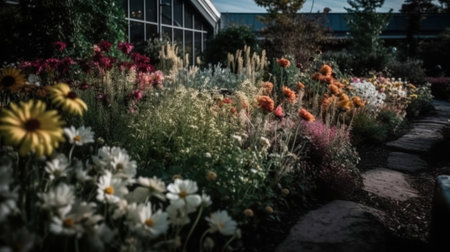 A time-lapse of a flower garden blooming and fading created with Generative AIの素材