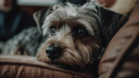 A terrier mix snuggling with its owner on the couch created with Generative AIの素材