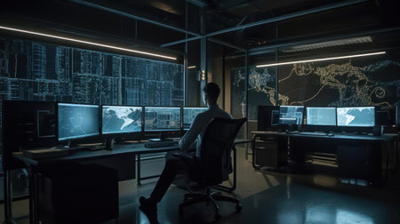 A tech analyst analyzing data on multiple computer screens in a spacious office room created with Generative AIの素材