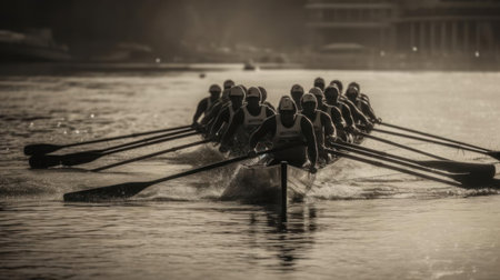 A team of rowers moving in unison the power and grace of their movements captured in detail created with Generative AIの素材