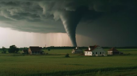 A tornado sweeping across a rural area created with Generative AIの素材