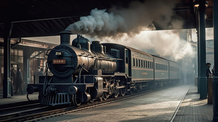 A train pulling into a station with steam billowing out created with Generative AIの素材