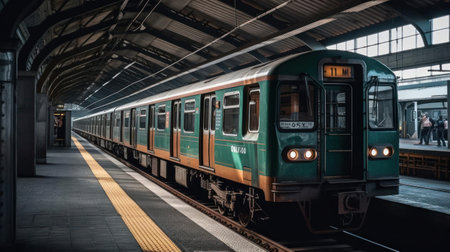 A train enters a station slowing down and coming to a stop created with Generative AIの素材