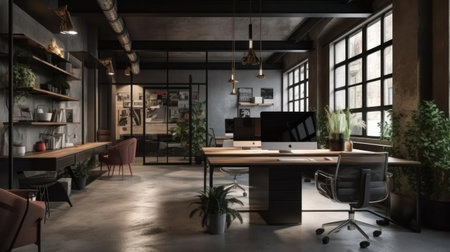 A trendy start-up office with a mix of comfortable seating and sleek desks created with Generative AIの素材