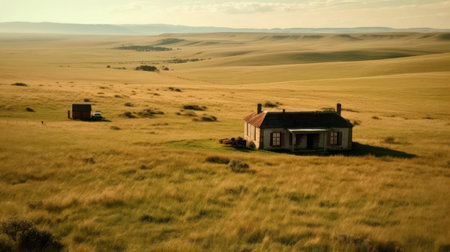 A vast open grassland stretching as far as the eye can see with a small farmhouse in the distance created with Generative AIの素材