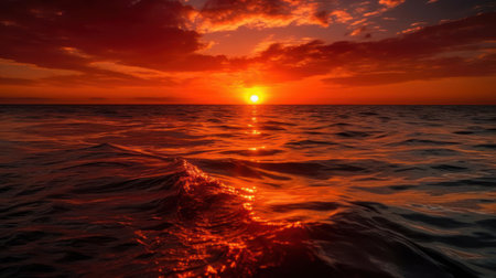 A vibrant sunset casting brilliant oranges and reds over a tranquil sea created with Generative AIの素材