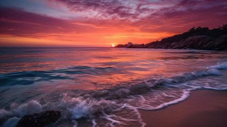 A vibrant sunset over a calm ocean with hues of pink orange and purple in the sky created with Generative AIの素材