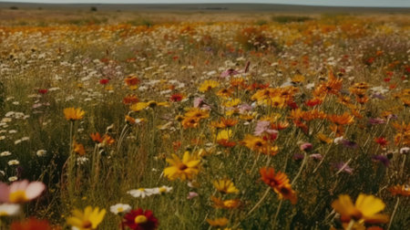 A vibrant multicolored field of wildflowers swaying in the breeze created with Generative AIの素材