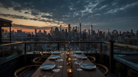 A view of a city skyline from a rooftop restaurant created with Generative AIの素材