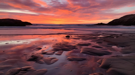 A vibrant sunset over a calm ocean with hues of pink orange and purple in the sky created with Generative AIの素材
