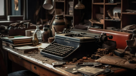 A vintage typewriter on a cluttered desk created with Generative AIの素材