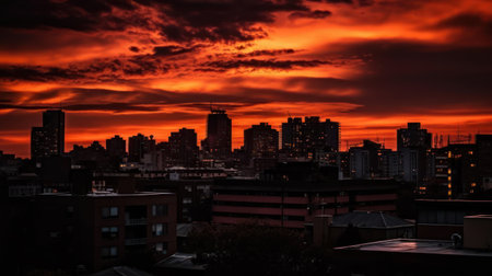 A vivid sunset against a dark silhouette of a cityscape created with Generative AIの素材