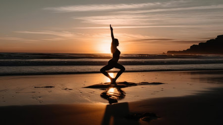 A woman practicing yoga on a beach at sunrise created with Generative AIの素材