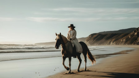 A woman riding a horse on a beach created with Generative AIの素材