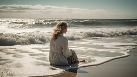 A woman seated on a serene beach with waves lapping at her feet created with Generative AIの素材