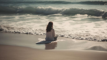 A woman seated on a serene beach with waves lapping at her feet created with Generative AIの素材