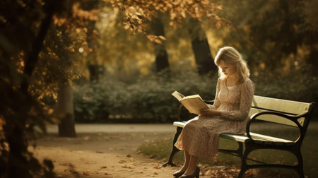 A woman sitting on a bench reading a book in a serene park created with Generative AIの素材