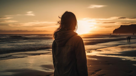 A woman standing on a beach watching the sunset created with Generative AIの素材