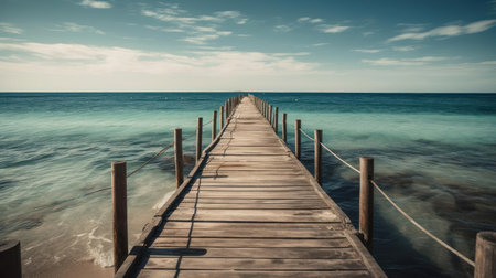 A wooden pier stretching out into the calm blue waters of an ocean created with Generative AIの素材