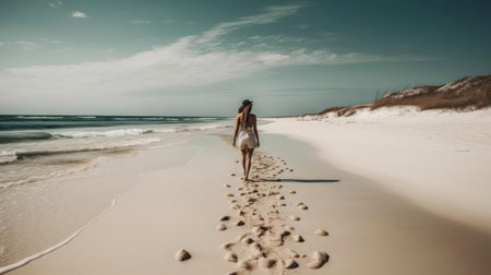 A woman walking along a pristine beach with sand and shells created with Generative AIの素材