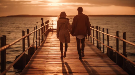 A young couple holding hands and walking on a pier by the sea created with Generative AIの素材