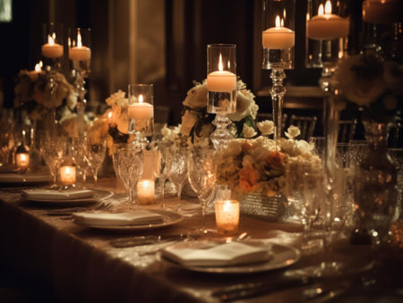 Beautifully decorated wedding reception created with Generative AIの素材