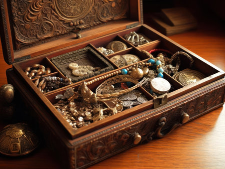An ornate wooden jewelry box filled with treasures created with Generative AIの素材