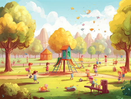 Children playing in a park on a sunny day created with Generative AIの素材