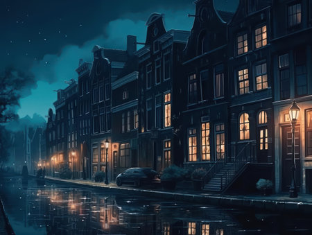 Dreamy and romantic night scene in a city created with Generative AIの素材